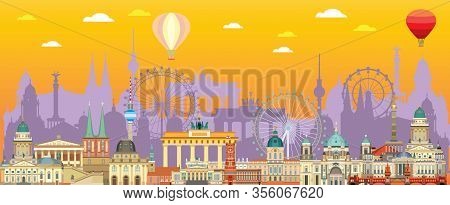 Panoramic Berlin Skyline Travel Illustration With Main Architectural Landmarks In Flat Style. Berlin