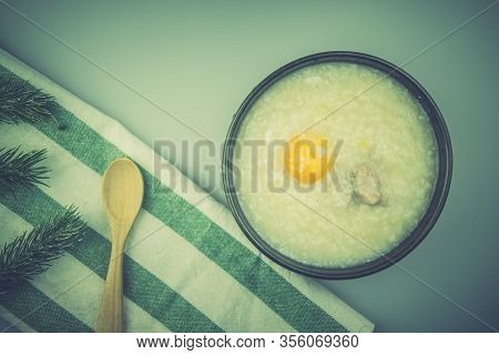 Rice Porridge Or Congee With Pork And Egg. Delicious Breakfast
