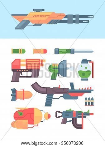 Cartoon Blaster. Toys For Kids Futuristic Weapons Pistols Laser For Video Games Battles. Vector Colo