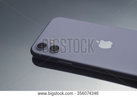 Zaporozhye. Ukraine. February 2020. Studio Advertising Closeup Of Iphone 11, From Epl. On A Mirror B