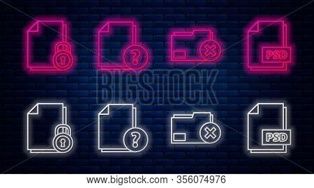 Set Line Unknown Document, Delete Folder, Document And Lock And Psd File Document. Glowing Neon Icon