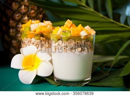 Exotic Tropical Fruit Salad With Muesli And Yogurt In A Glasses On The Palm Leaf.