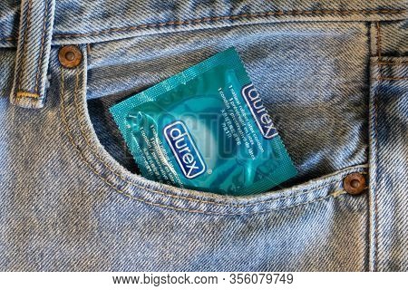 Saint Petersburg, Russia - 17 March 2020: Durex Contraceptive Condom For Safe Sex In Jeans Pocket Cl