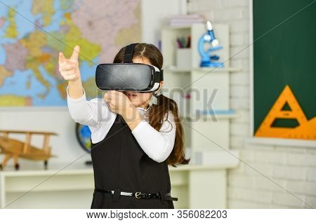 Virtual Work. In A Computer Science Class. Works On A Programing Project. Vr Technology. Schoolchild