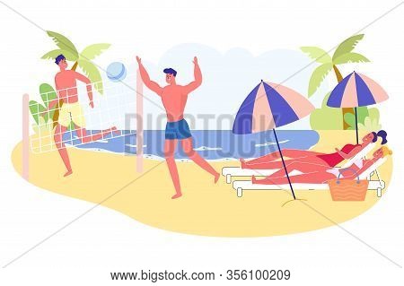 Couples Spend Weekend Together On Beach, Cartoon. Guys Play Beach Volleyball, And Girls Lie On Sunbe