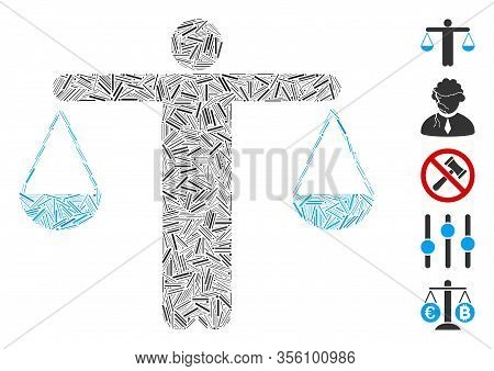 Hatch Mosaic Based On Lawyer Weight Icon. Mosaic Vector Lawyer Weight Is Formed With Randomized Line