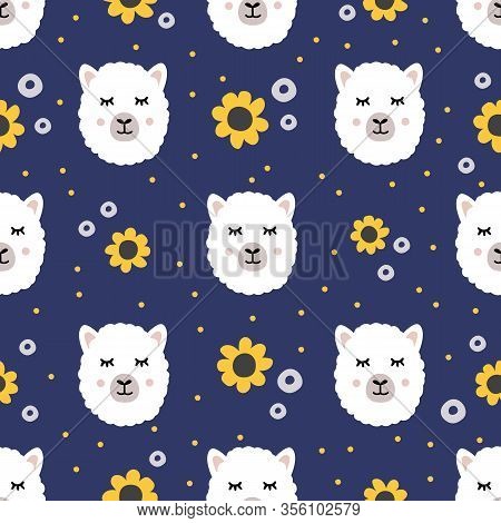 Seamless Pattern With White Cute Alpaca Face And Sunflowers On Dark Purple Background With Dots. Han