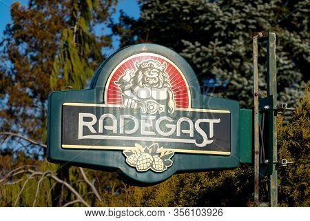 Senov, Czechia - January 24, 2020: The Logo Of The Czech Radegast Brewery In Front Of A Small Inn
