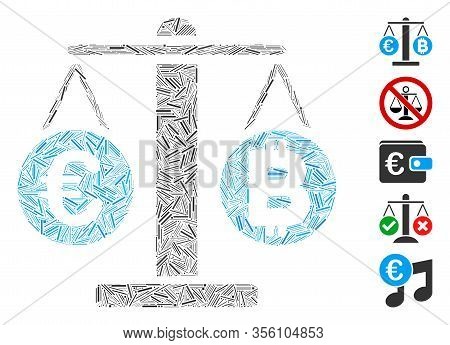 Line Mosaic Based On Euro And Bitcoin Scales Icon. Mosaic Vector Euro And Bitcoin Scales Is Designed