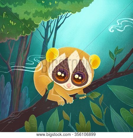 Cartoon Lemur Lorisidae Sits On A Branch In The Forest. Cute Exotic Animal With Big Eyes. Illustrati