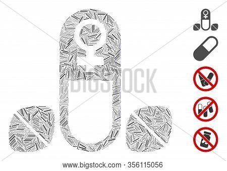 Hatch Mosaic Based On Female Power Tablets Icon. Mosaic Vector Female Power Tablets Is Formed With R