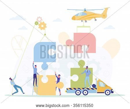 Common Teamwork In Company, People Pushing Puzzles Details Flat Cartoon Vector Illustration. Busines