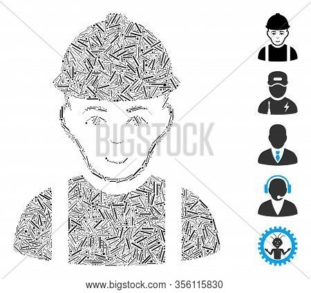 Hatch Mosaic Based On Worker Icon. Mosaic Vector Worker Is Created With Random Hatch Spots. Bonus Ic