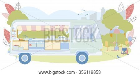 Food Truck With Tent On City Park Empty Place. Van With Topping On Shelves. Sink, Coffee And Cash Ma