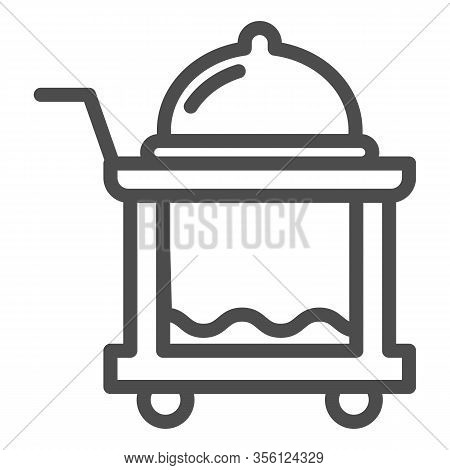 Breakfast Food Tray Line Icon. Covered Cart With Table And Platter Symbol, Outline Style Pictogram O