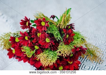 Bouquet Of Red Gerberas On A White Background