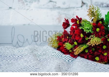 Bouquet Of Red Gerberas On A White Background.