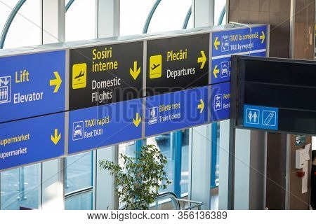 Otopeni, Romania - February 25, 2020: Details From The Interior Of Henri Coanda International Airpor