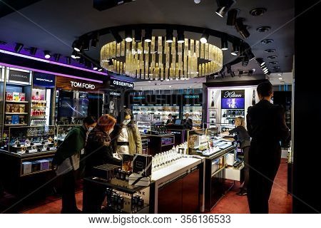 Otopeni, Romania - February 25, 2020: Duty Free Shops Inside Henri Coanda International Airport, Nea