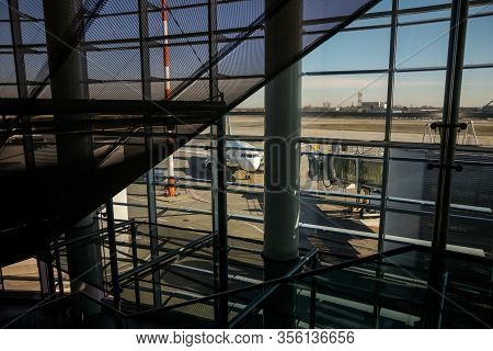 Otopeni, Romania - February 25, 2020: Details From The Interior Of Henri Coanda International Airpor