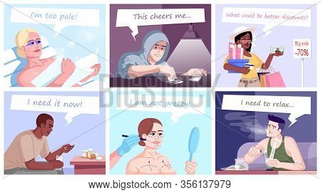 Addiction Flat Vector Illustrations Set. Shopaholic, Fashion Victims, Drug, Cocaine, Cannabis Addict
