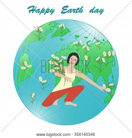 Globe - Girl With A Bouquet Of Daisies - Abstract Background In Grunge Style - Round Icon - Art, Vec