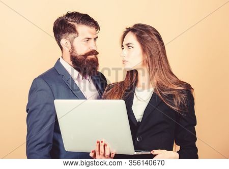 Business Meeting. Man Bearded Manager Show Financial Report Laptop. Discussing Progress. Woman And G