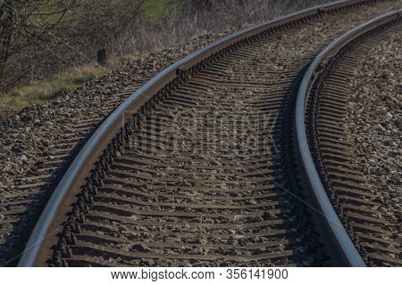 Railway Track Near Kojetice Na Morave Station In Winter Sunny Day