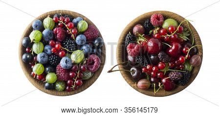 Top View. Fruits And Berries In Bowl On White Background. Mixed Fruits With Copy Space For Text. Mix