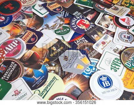 London - Mar 2020: Drink Coasters Of Many Beer Brands