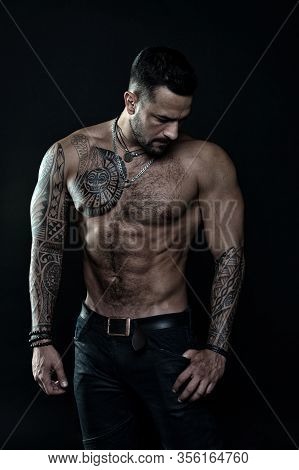 Beautiful Male Torso. Men Tattoo Casual Fashion. Muscular Bodybuilder Posing. Sexy Portrait Of Sport