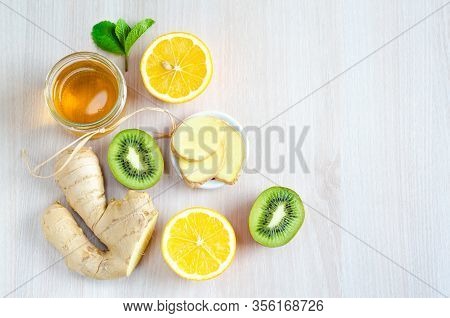 Vitamin C Foods To Boost Immunity During The Epidemic And Colds. Flat Lay, Top View On Honey, Ginger