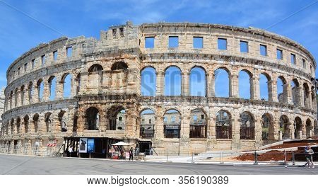 Pula Croatia 05 24 2019: The Pula Arena Is The Famous Roman Amphitheater In Pula, Istria, Croatia, E