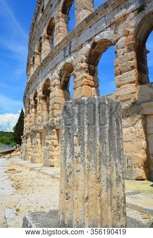 Pula Croatia 05 24 2019: The Pula Arena Is The Famous Roman Amphitheater In Pula, Istria, Croatia, E