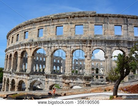 Pula Croatia 05 24 2019: The Pula Arena Is The Famous Roman Amphitheater In Pula, Istria, Croatia, E