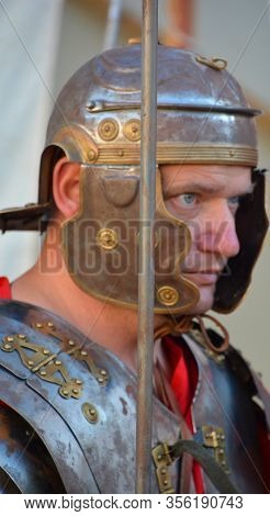 Pula Croatia 05 22 2019: Men Dressed As Roman Gladiator For Tourists In The Old Town Of Pula Known F