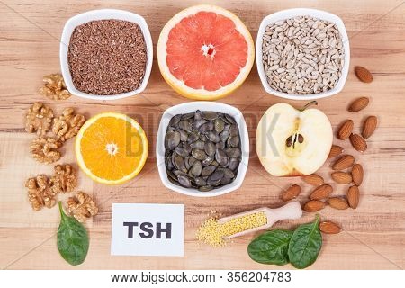 Inscription Tsh With Products And Ingredients Containing Vitamins And Minerals For Healthy Thyroid