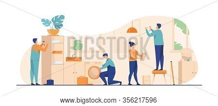 Handyman Working At Customer Home. Repair Man Fixing Washing Machine, Hammering Nails. Vector Illust