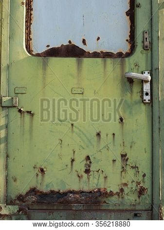Old Metal Train Door, Green Metal Door, Rusty Door Texture, Train Door Background