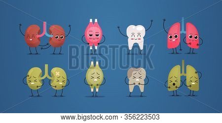 Set Unhealthy Vs Healthy Mascot Kidneys Muscle Tooth Lungs Characters Human Body Internal Organs Ana