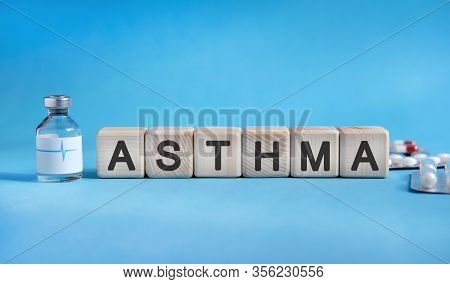 Asthma - Text On Cubes. Drug In Ambula, Tablets In Blisters To Reduce Disease Symptoms