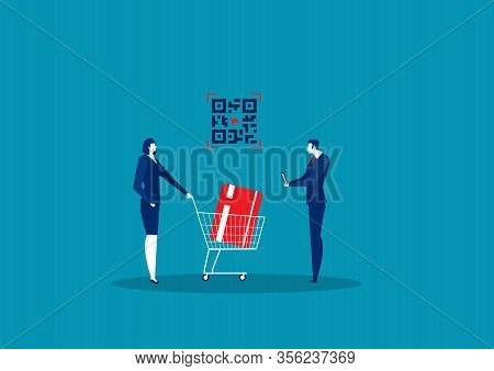 Business Woman Shopping By Card With Scan Qr Code Concept