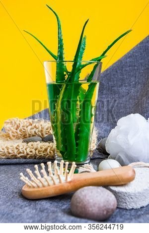 Spa And Bath Cosmetics, Natural Materials In Bathroom. Wooden Hair Brush. Bamboo Comb. Eco-friendly 