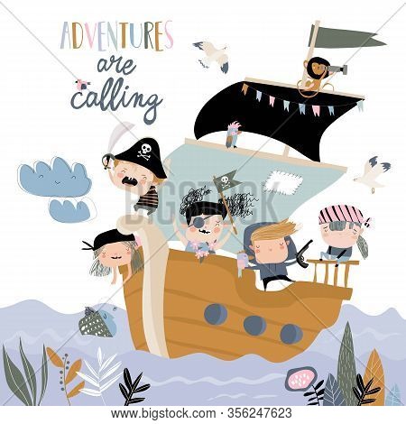 Cute Cartoon Kids Pirates Sailing In Their Ship