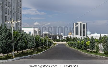 Asjchabad, Turkmenistan - June 1, 2019: The White And Marble City Of Asjchabad With Great Buildings 
