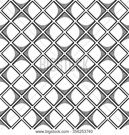 Abstract Seamless Geometric Pattern With Square Elements. Simple Black And White Linear Mosaic Textu