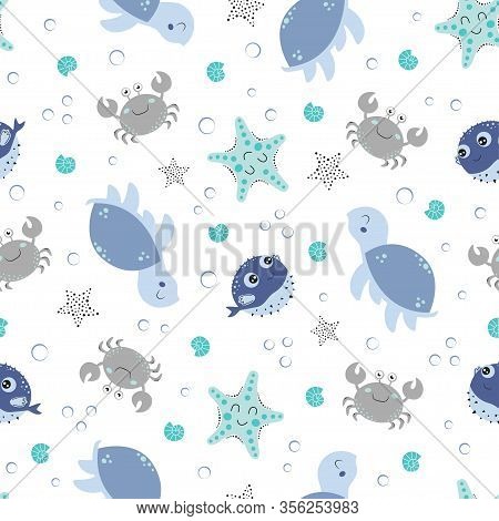 Seamless Pattern With Colorful Seashells, Starfishes, Fugus, Crabs And Turtles In Scandinavian Style