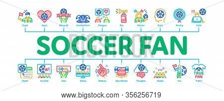Soccer Fan Attributes Minimal Infographic Web Banner Vector. Soccer Fan Hat And Glove In Hand Form, 