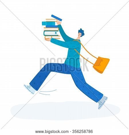 Man Running With Big Stack Of Books, Student Or Literature Fun Concept, Modern Flat Cartoon Textured