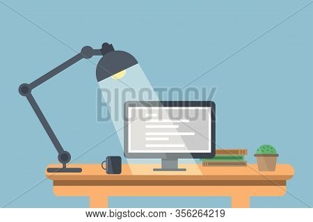 Workplace With Computer, Lamp, Books, Cup And Flower. Vector Eps 10